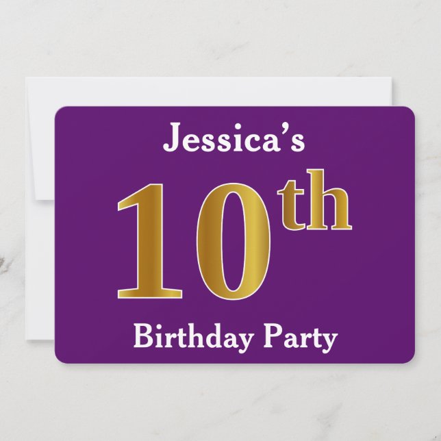 Invitation Purple, Faux Gold 10th Birthday Party; Nom personn (Devant)