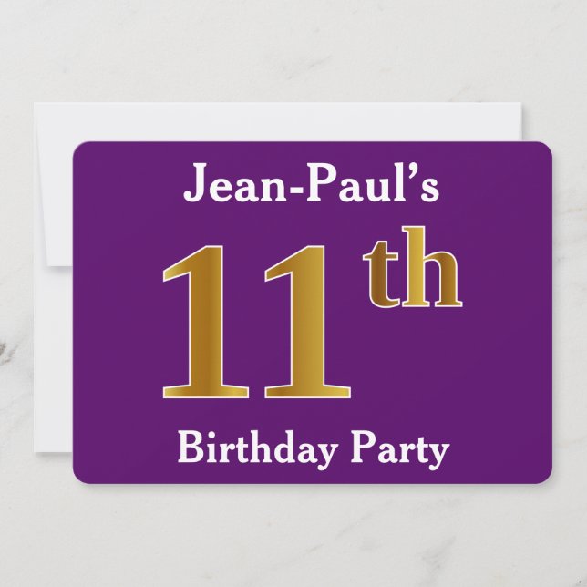 Invitation Purple, Faux Gold 11e fête d'anniversaire; Nom per (Devant)