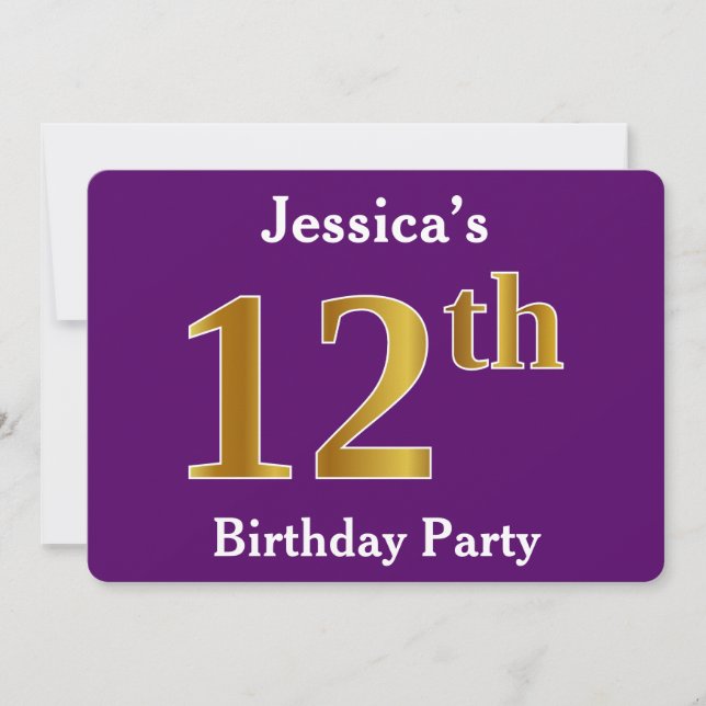 Invitation Purple, Faux Gold 12e fête d'anniversaire; Nom per (Devant)