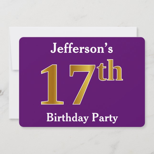 Invitation Purple, Faux Gold 17th Birthday Party; Nom personn (Devant)