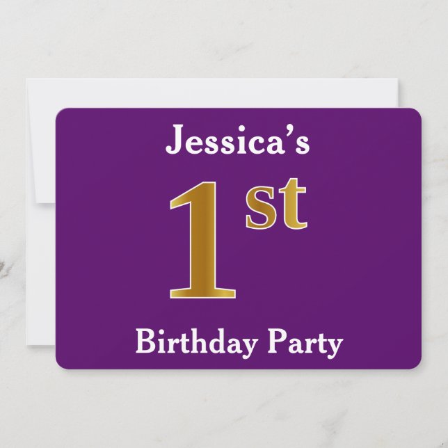 Invitation Purple, Faux Gold 1er Anniversaire Fête + Nom pers (Devant)