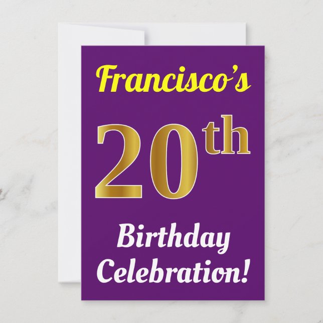 Invitation Purple, Faux Gold 20th Birthday Celebration + Nom (Devant)