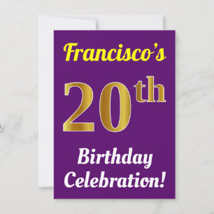 Invitation Purple, Faux Gold 20th Birthday Celebration + Nom