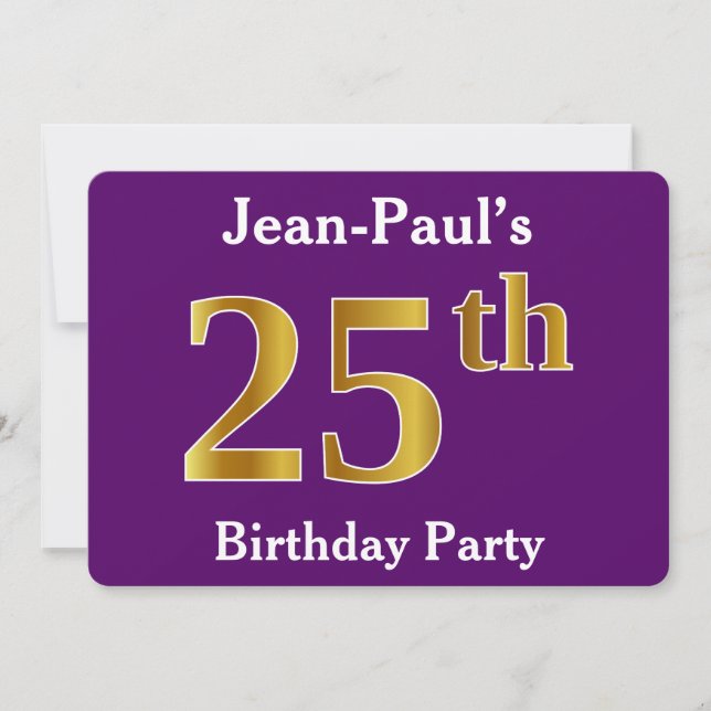 Invitation Purple, Faux Gold 25th Birthday Party; Nom personn (Devant)