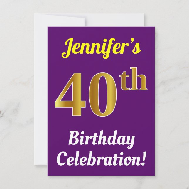 Invitation Purple, Faux Gold 40th Birthday Celebration + Nom (Devant)