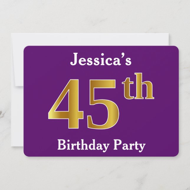 Invitation Purple, Faux Gold 45th Birthday Party; Nom personn (Devant)
