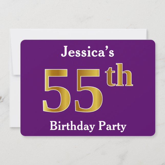 Invitation Purple, Faux Gold 55th Birthday Party; Nom personn (Devant)