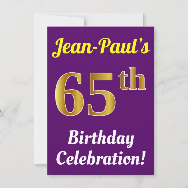 Invitation Purple, Faux Gold 65e anniversaire Célébration + N (Devant)