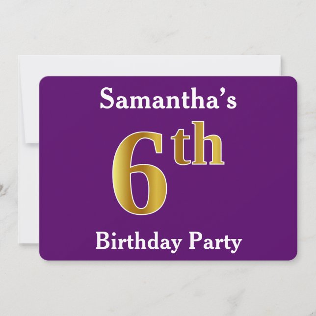 Invitation Purple, Faux Gold 6e fête d'anniversaire + Nom per (Devant)