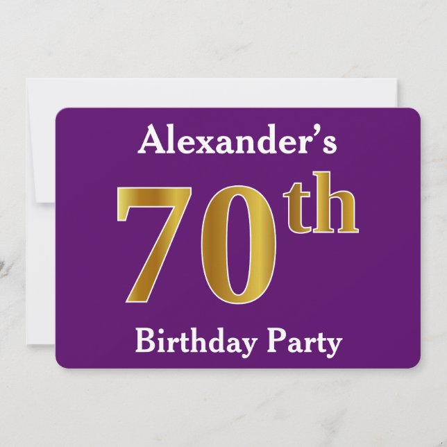 Invitation Purple, Faux Gold 70th Birthday Party; Nom personn (Devant)