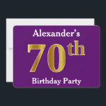 Invitation Purple, Faux Gold 70th Birthday Party; Nom personn<br><div class="desc">Cette conception d'invitation comporte le numéro ordinal "70e" avec un aspect faux or. Il porte également un nom customisé et un arrière - plan de couleur violette. Les détails de l'événement sur le dos peuvent être customisés. Il pourrait être utilisé pour invitation des gens à la fête du soixante-dixième anniversaire...</div>