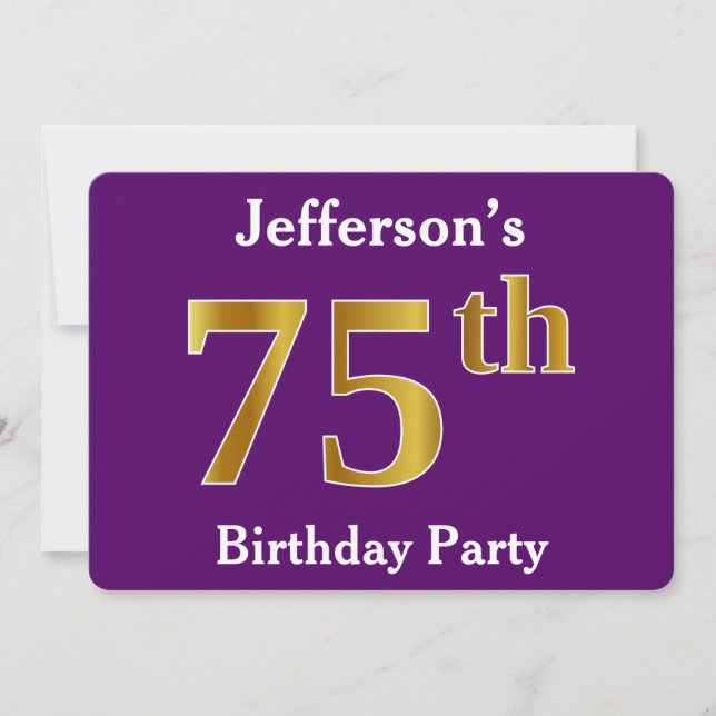Invitation Purple, Faux Gold 75e fête d'anniversaire; Nom per (Devant)