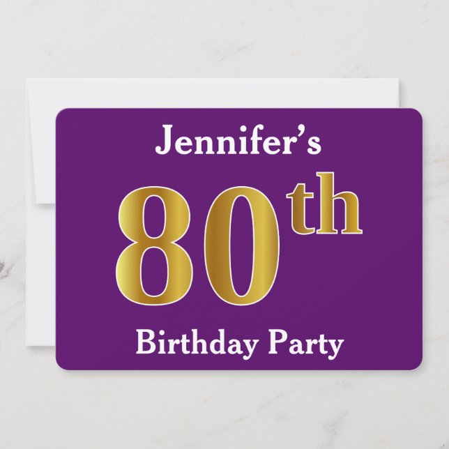 Invitation Purple, Faux Gold 80th Birthday Party; Nom personn (Devant)