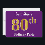 Invitation Purple, Faux Gold 80th Birthday Party; Nom personn<br><div class="desc">Cette conception d'invitation comporte le numéro ordinal "80e" avec un aspect faux or. Il comporte également un nom personnalisé et un arrière - plan de couleur violette. Les détails de l'événement sur le dos peuvent être customisés. Il pourrait être utilisé pour les invitations à la fête du quatre-vingtième anniversaire de...</div>