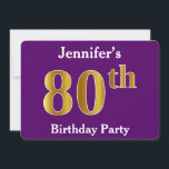 Invitation Purple, Faux Gold 80th Birthday Party; Nom personn<br><div class="desc">Cette conception d'invitation comporte le numéro ordinal "80e" avec un aspect faux or. Il comporte également un nom personnalisé et un arrière - plan de couleur violette. Les détails de l'événement sur le dos peuvent être customisés. Il pourrait être utilisé pour les invitations à la fête du quatre-vingtième anniversaire de...</div>