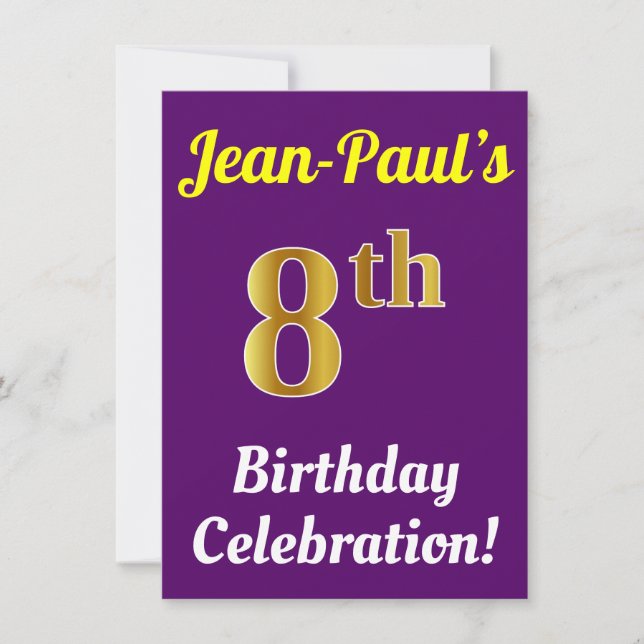 Invitation Purple, Faux Gold 8e anniversaire Célébration + No (Devant)