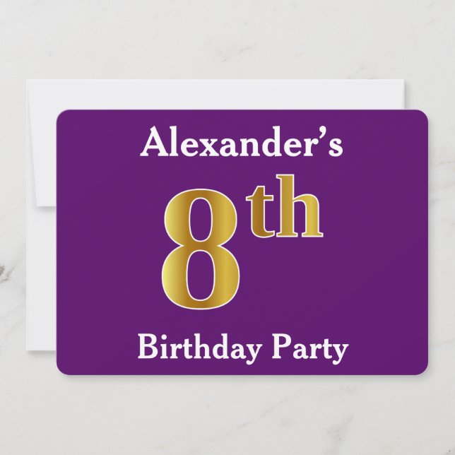 Invitation Purple, Faux Gold 8e fête d'anniversaire + Nom per (Devant)