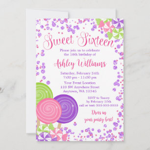 Invitation Purple Faux Parties scintillant bonbon thème Sweet