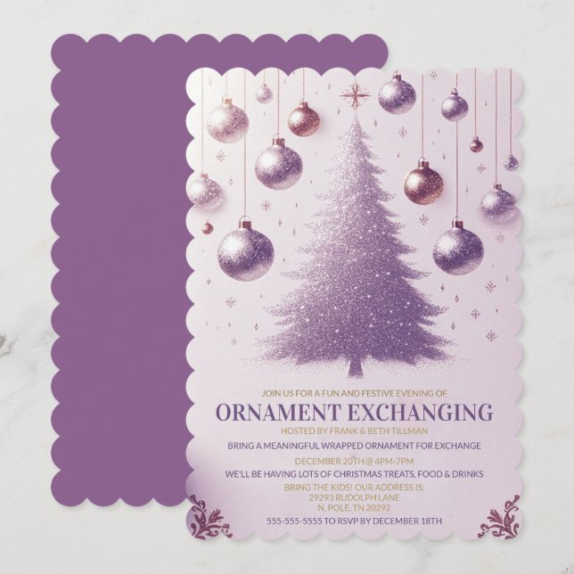 Invitation Purple Festive Noël Ornament Party d'échange (Devant / Derrière)