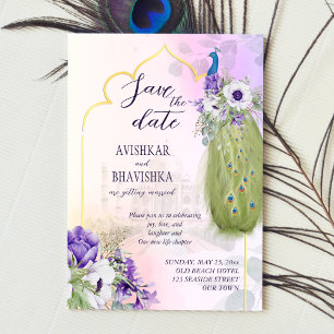Invitation Purple fleurs paon enregistrer la date