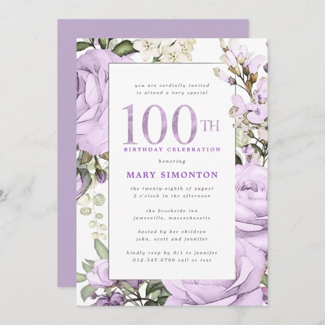 Invitation Purple Floral 100e fête d'anniversaire (Devant / Derrière)