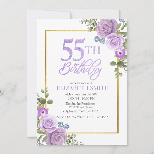 Invitation Purple Floral 55e anniversaire Modèle d'invitation (Devant)