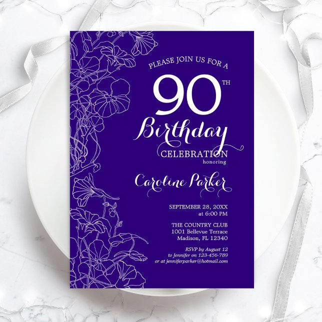 Invitation Purple Floral 90e fête d'anniversaire (Créateur téléchargé)