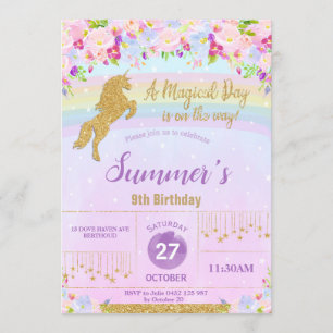 Invitation Purple Floral Arc-en-ciel Unicorne fête d'annivers