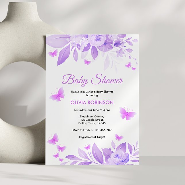 Invitation Purple Floral Baby Girl Butterfly Baby shower (Purple Floral Baby Girl Butterfly Baby Shower Invitation )