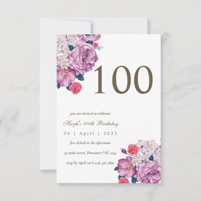 Invitation Purple Floral Botanical Simple Chic 100e anniversa (Devant)