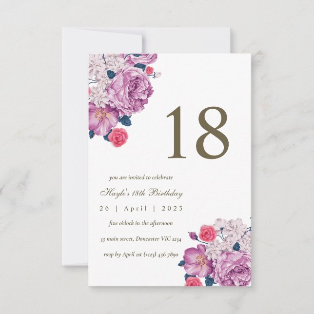Invitation Purple Floral Botanical Simple Chic 18e anniversai (Devant)