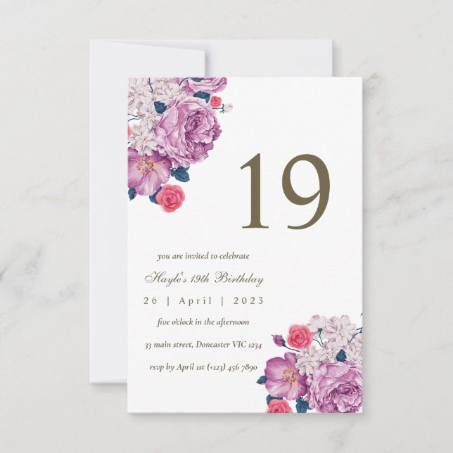 Invitation Purple Floral Botanical Simple Chic 19e anniversai (Devant)