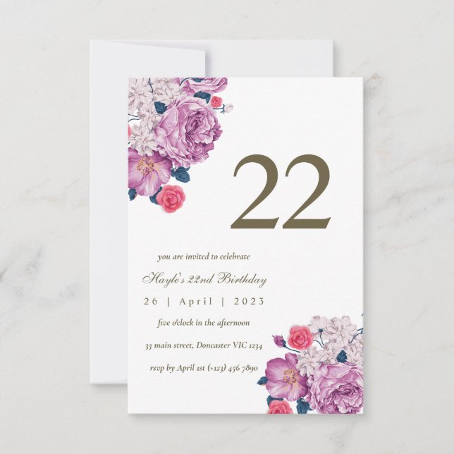Invitation Purple Floral Botanical Simple Chic 22e anniversai (Devant)