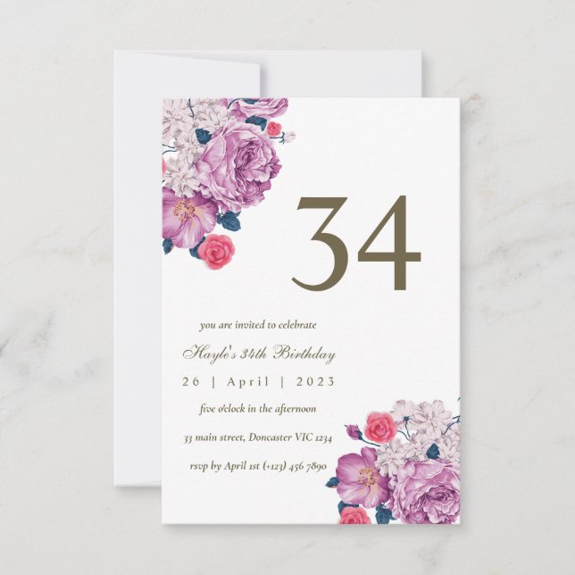 Invitation Purple Floral Botanical Simple Chic 34e anniversai (Devant)