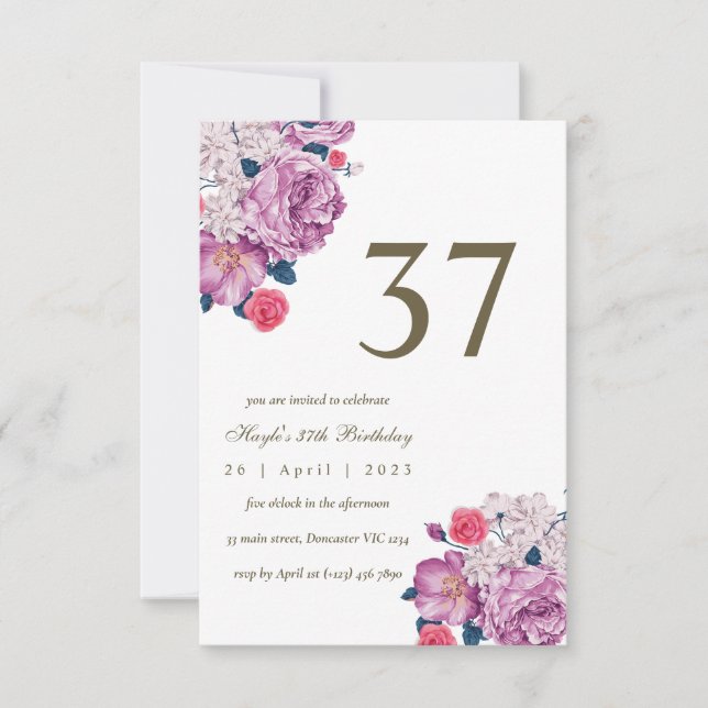 Invitation Purple Floral Botanical Simple Chic 37e anniversai (Devant)