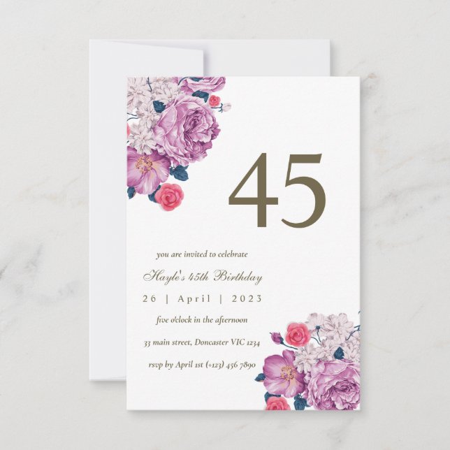 Invitation Purple Floral Botanical Simple Chic 45e anniversai (Devant)