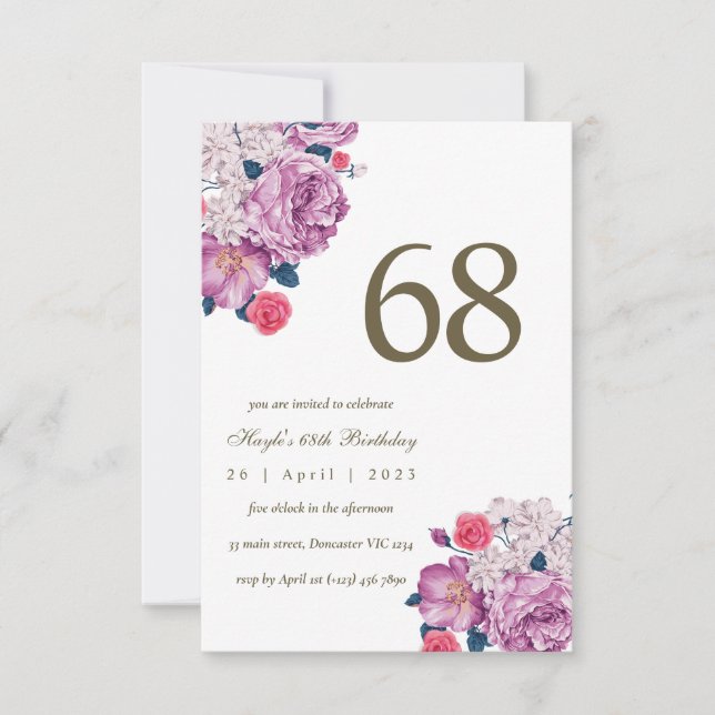 Invitation Purple Floral Botanical Simple Chic 68e anniversai (Devant)