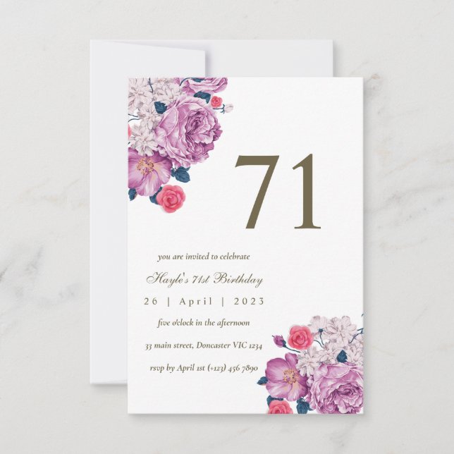 Invitation Purple Floral Botanical Simple Chic 71e anniversai (Devant)