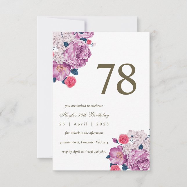 Invitation Purple Floral Botanical Simple Chic 78e anniversai (Devant)