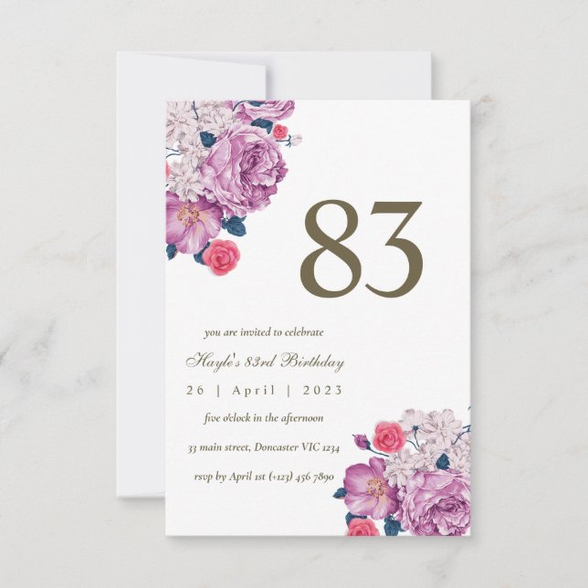 Invitation Purple Floral Botanical Simple Chic 83e anniversai (Devant)