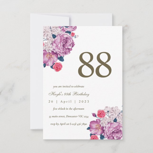 Invitation Purple Floral Botanical Simple Chic 88e anniversai (Devant)