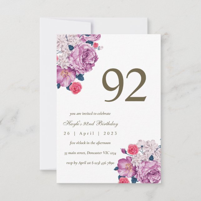 Invitation Purple Floral Botanical Simple Chic 92e anniversai (Devant)