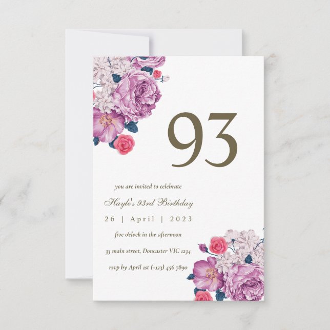 Invitation Purple Floral Botanical Simple Chic 93ème annivers (Devant)