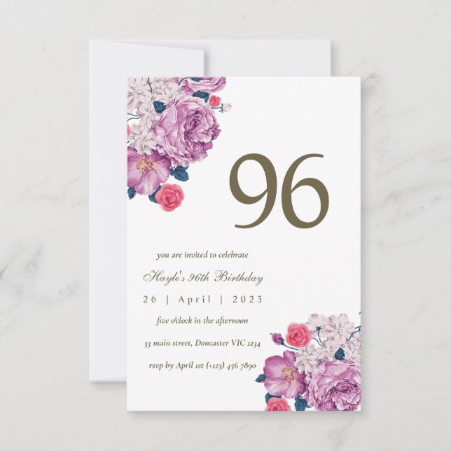 Invitation Purple Floral Botanical Simple Chic 96e anniversai (Devant)