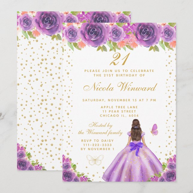 Invitation Purple Floral Brunette Hair Princess Birthday (Devant / Derrière)