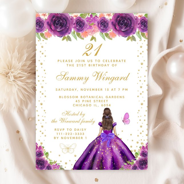 Invitation Purple Floral Brunette Princess Anniversaire (Créateur téléchargé)
