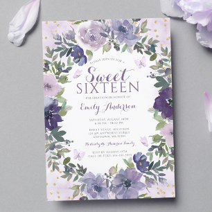 Invitation Purple Floral Butterfly Gold Sweet 16