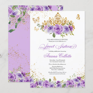 Invitation Purple Floral & Butterfly Sweet 16 Anniversaire