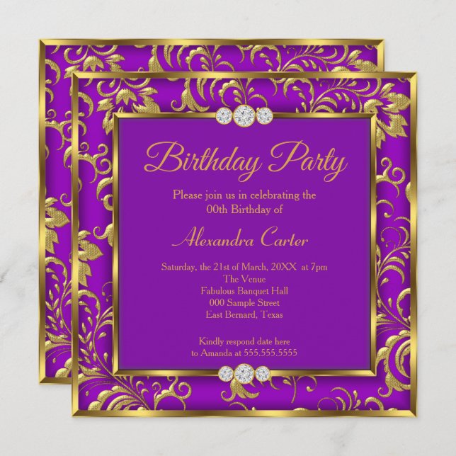 Invitation Purple Floral Damask Photo Gold fête d'anniversair (Devant / Derrière)