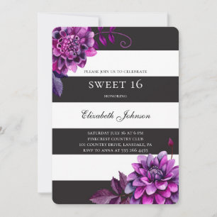 Invitation Purple floral doux 16. Anniversaire noir et blanc